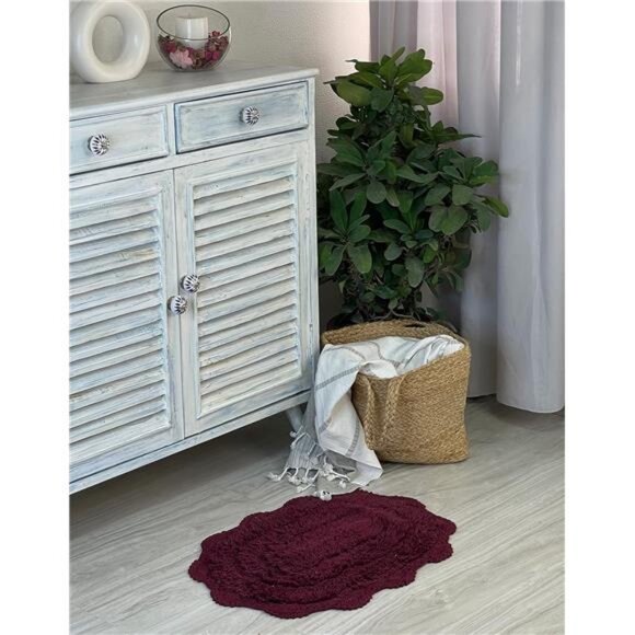 home Burgundy Crochet Bathrug, Cotton Oval bathmat Handcrafted Crochet Border - Picture 2 of 6